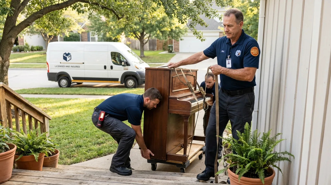 Licensed piano movers securing grand piano in Wheeling, IL