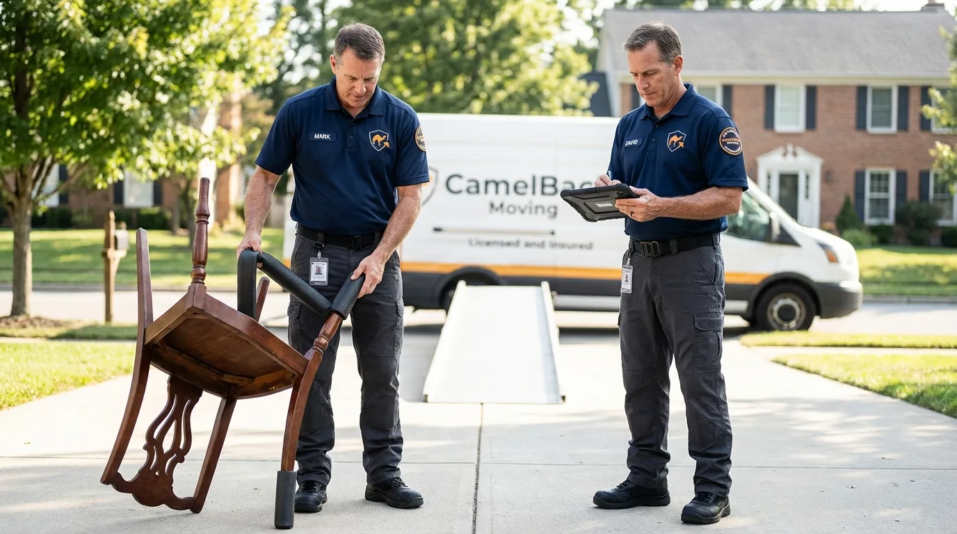 Movers inspecting furniture for damage prevention before loading in Wheeling, IL