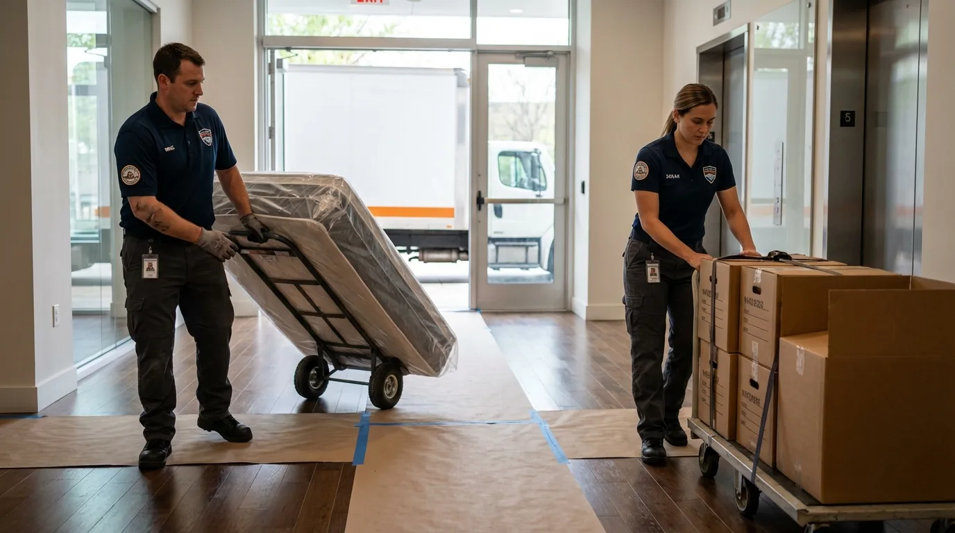 Professional apartment movers loading elevator in Wheeling, IL