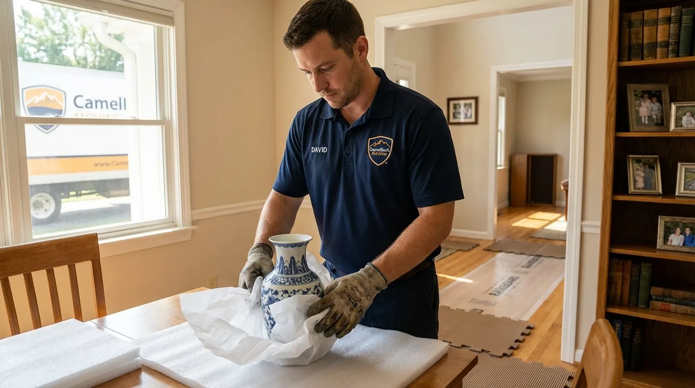 Professional crew carefully wrapping antique vase for senior downsizing move in Wheeling, IL